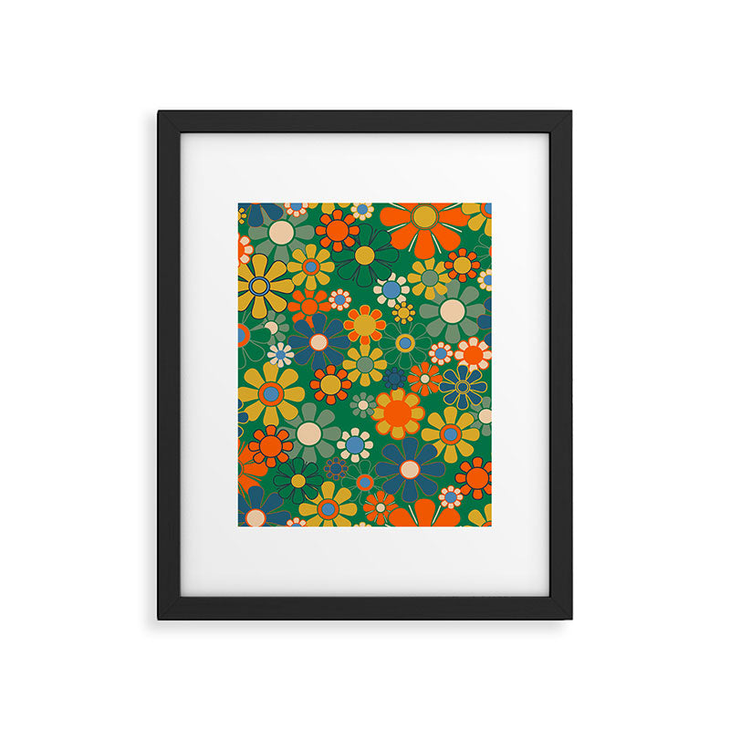Retro Garden Flowers Groovy Green 60s 70s Floral Pattern Framed Art Print Gallery Image 6