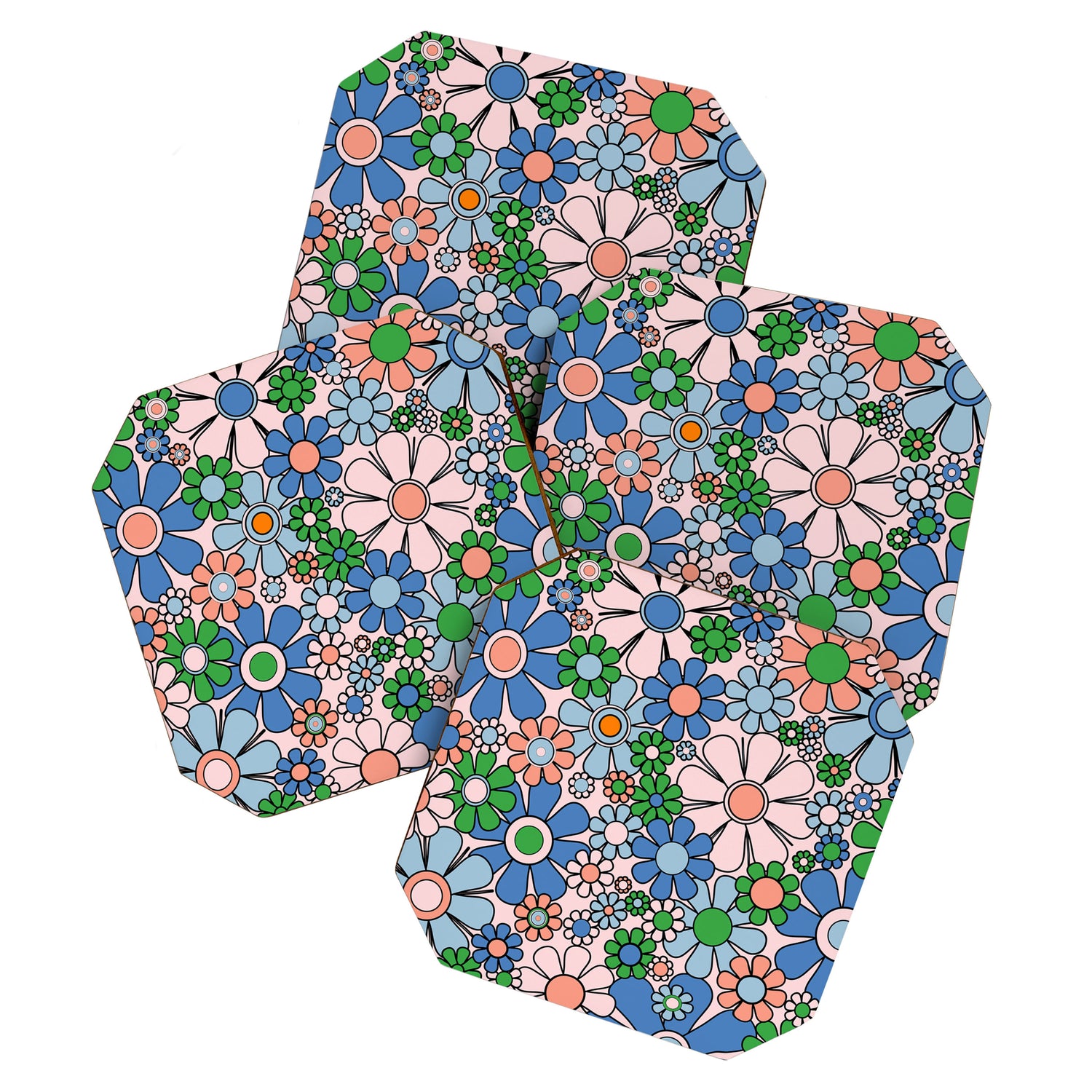 Retro Garden Flowers Groovy Multicolor 60s 70s Floral Pattern Blue Pink Green Coaster Gallery Image 1
