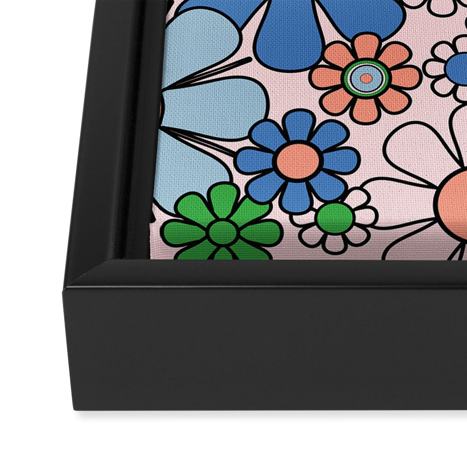 Retro Garden Flowers Groovy Multicolor 60s 70s Floral Pattern Blue Pink Green Framed Canvas Print Gallery Image 3