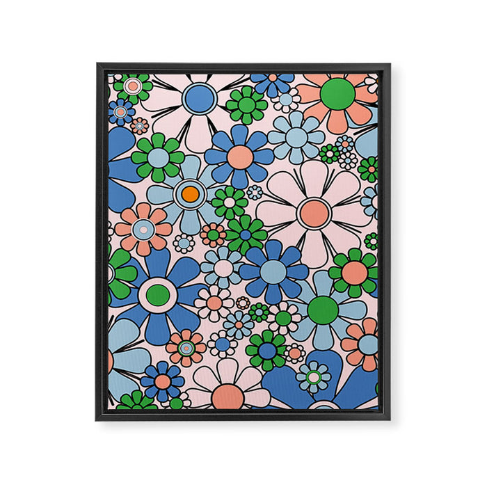Retro Garden Flowers Groovy Multicolor 60s 70s Floral Pattern Blue Pink Green Framed Canvas Print Gallery Image 1