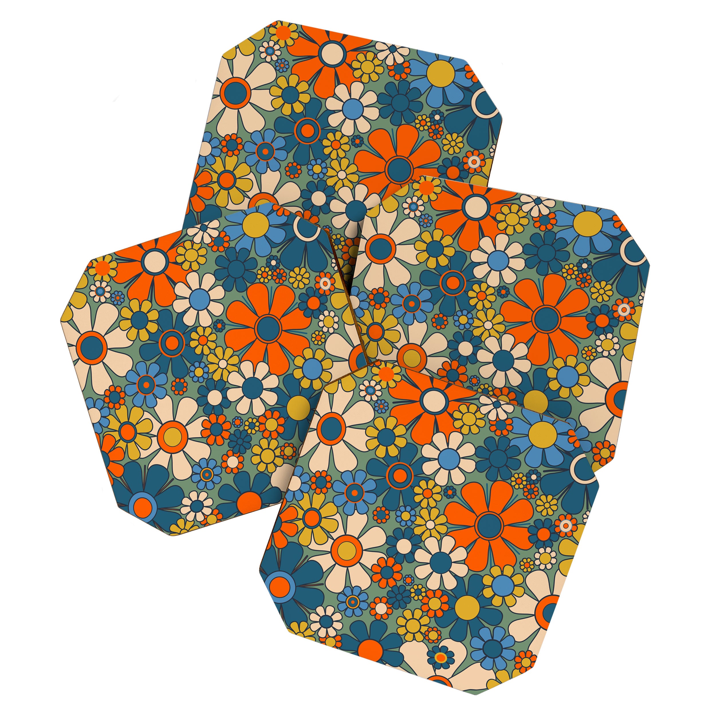 Retro Garden Flowers Groovy Multicolor 60s 70s Floral Pattern Green Blue Orange Mustard Coaster Gallery Image 1