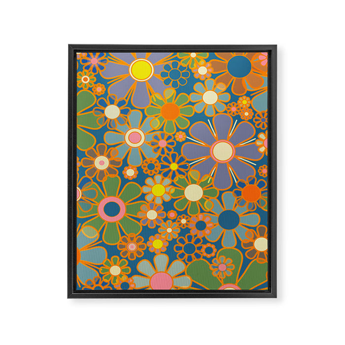 Retro Garden Flowers Vintage 60s 70s Aesthetic Blue Floral Pattern Framed Canvas Print Gallery Image 1