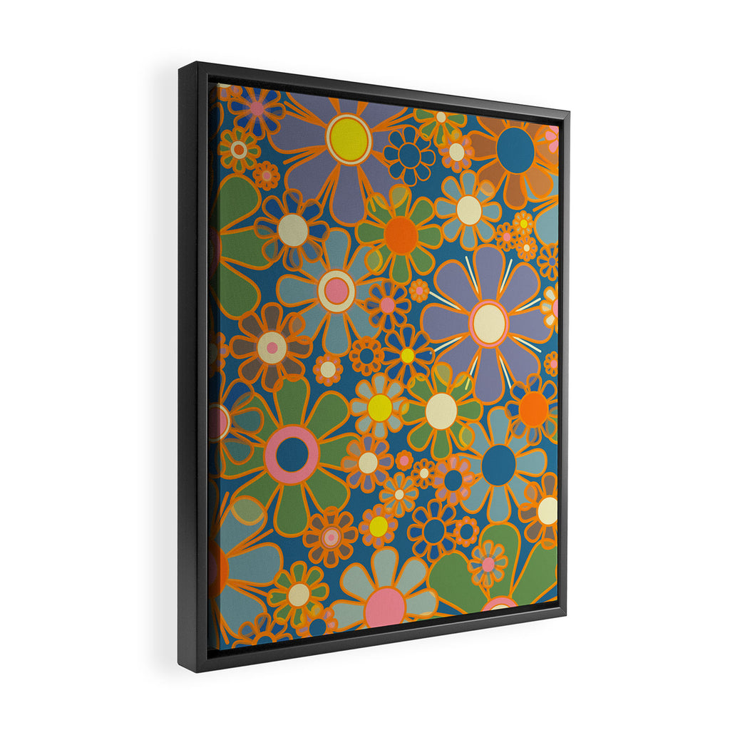 Retro Garden Flowers Vintage 60s 70s Aesthetic Blue Floral Pattern Framed Canvas Print Gallery Image 2