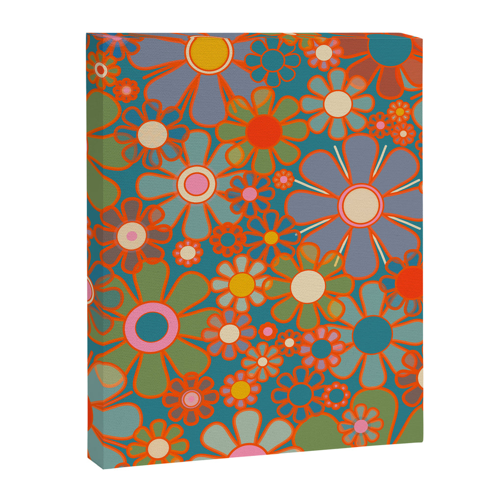 Retro Garden Flowers Vintage 60s 70s Aesthetic Floral Pattern on Blue Canvas Print Gallery Image 8
