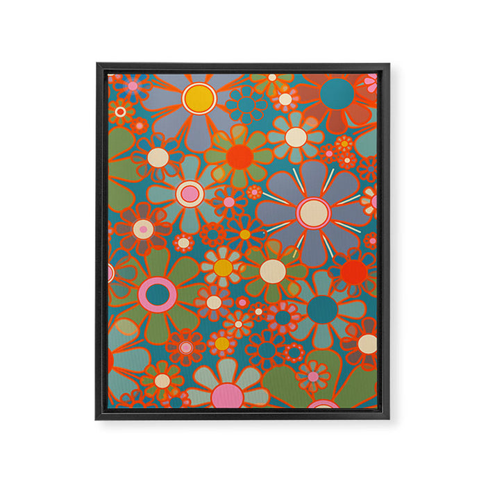 Retro Garden Flowers Vintage 60s 70s Aesthetic Floral Pattern on Blue Framed Canvas Print Gallery Image 1