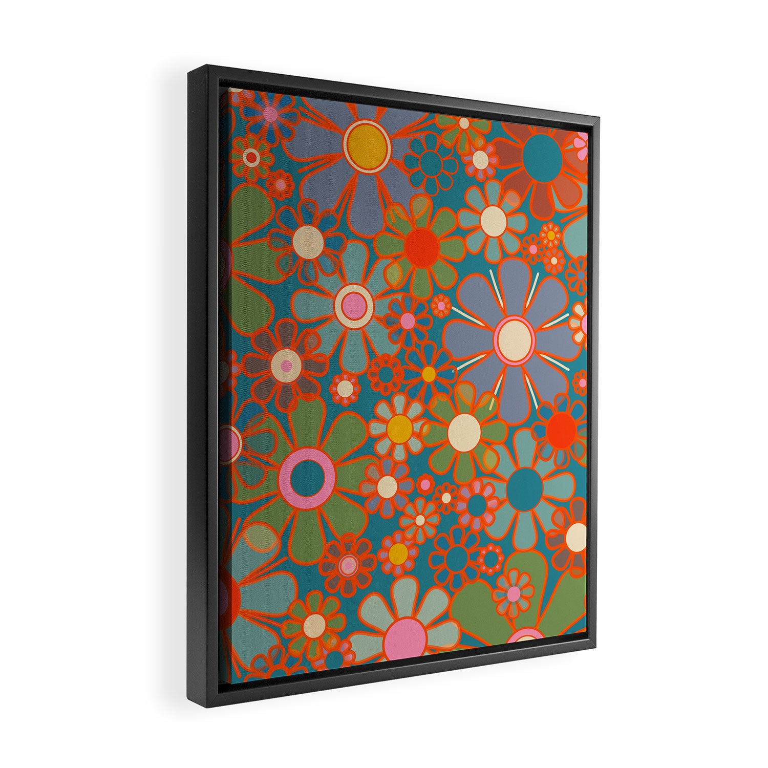 Retro Garden Flowers Vintage 60s 70s Aesthetic Floral Pattern on Blue Framed Canvas Print Gallery Image 2
