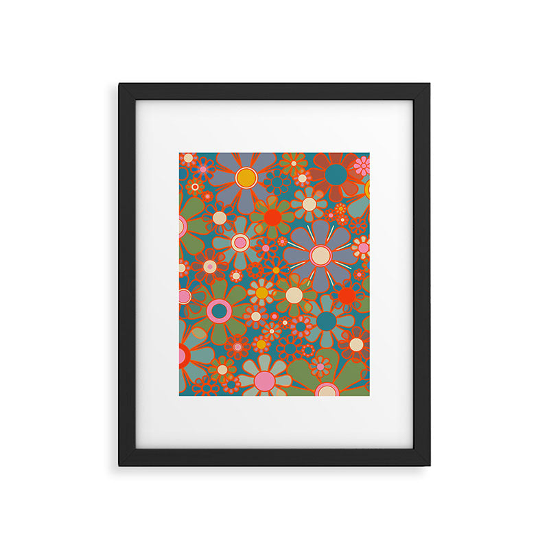 Retro Garden Flowers Vintage 60s 70s Aesthetic Floral Pattern on Blue Framed Art Print Gallery Image 6