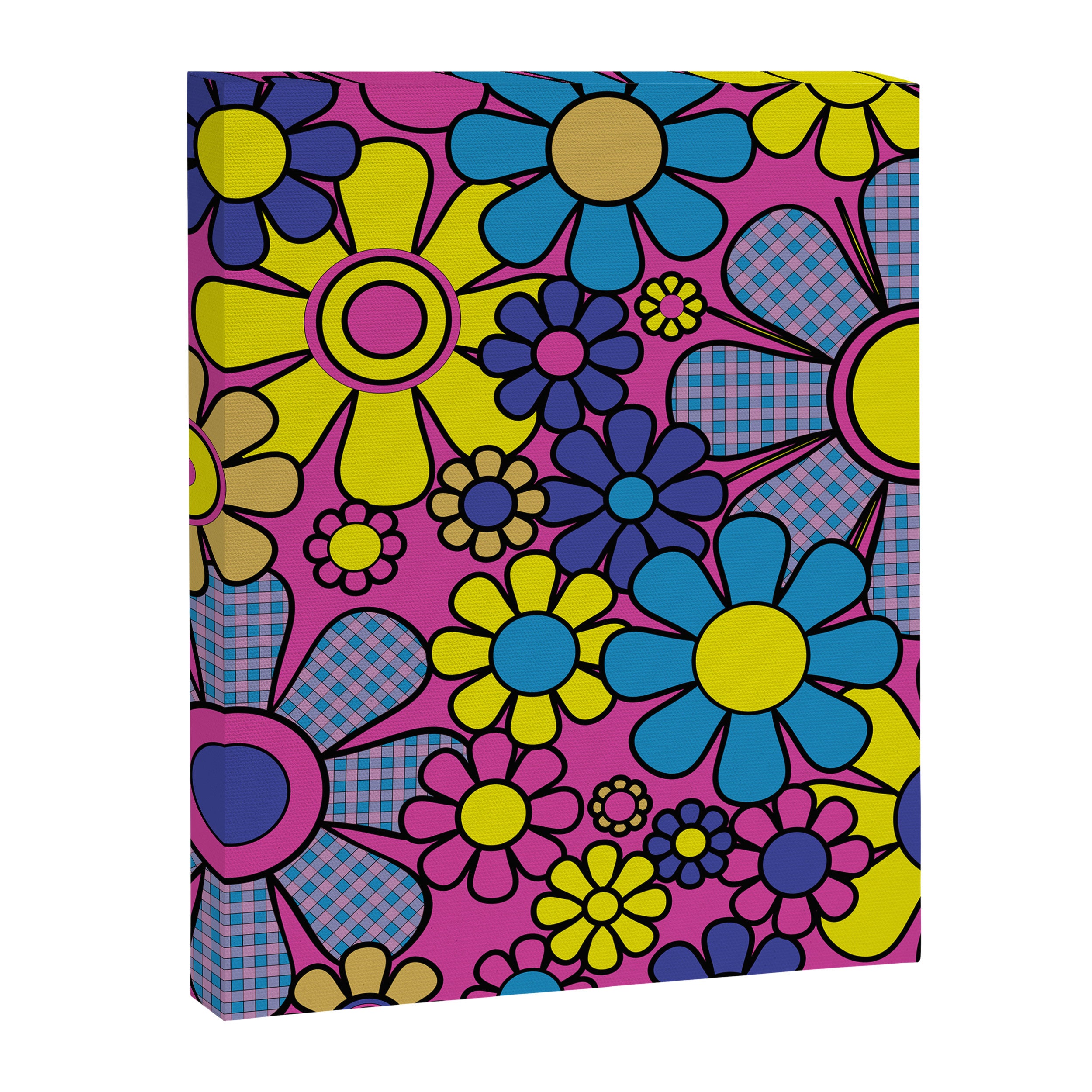 Retro Garden Gingham Flowers Bold 60s 70s Floral Pattern in Blue, Yellow, and Magenta Canvas Print Gallery Image 8