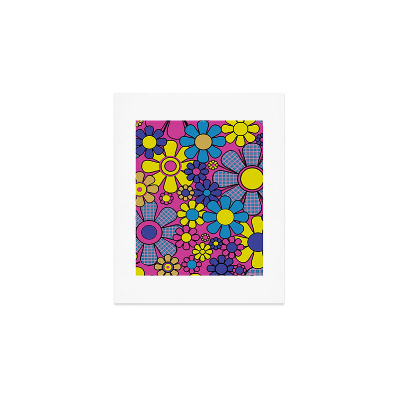 Retro Garden Gingham Flowers Bold 60s 70s Floral Pattern in Blue, Yellow, and Magenta Art Print Gallery Image 1