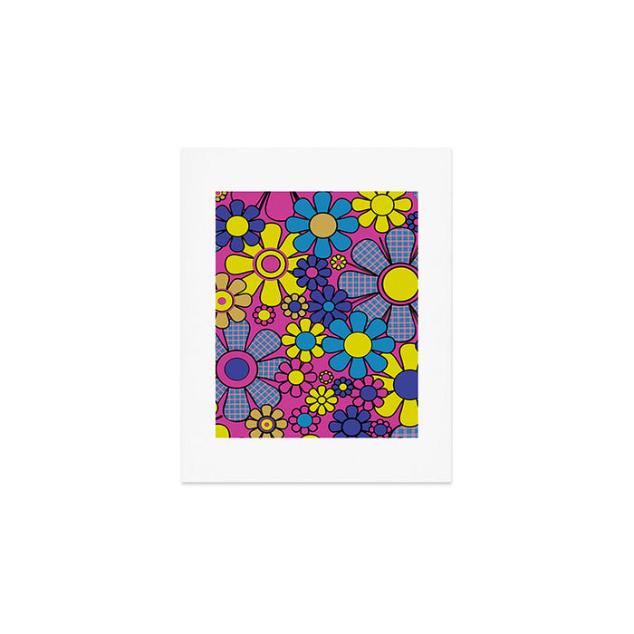 Retro Garden Gingham Flowers Bold 60s 70s Floral Pattern in Blue, Yellow, and Magenta Art Print Gallery Image 1