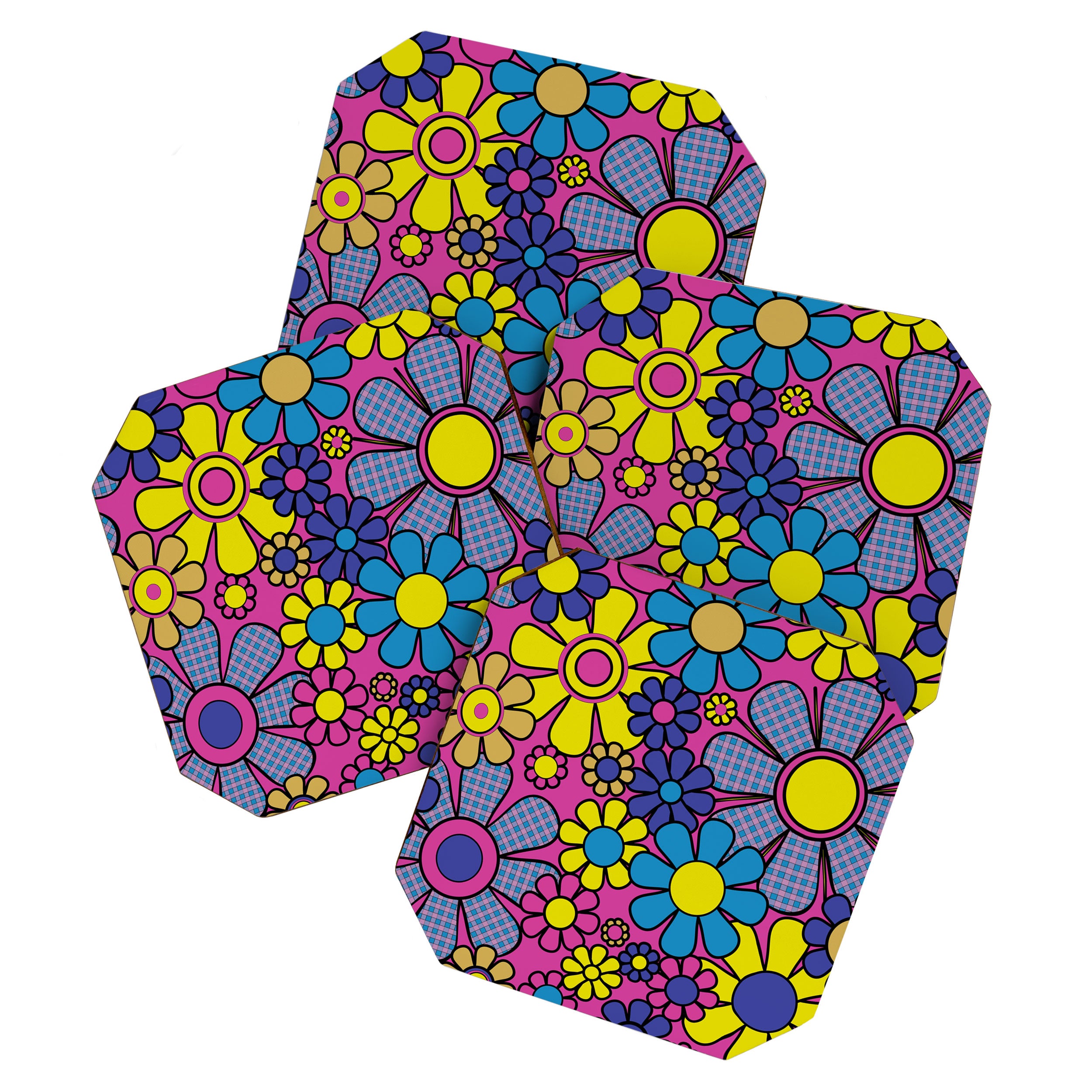 Retro Garden Gingham Flowers Bold 60s 70s Floral Pattern in Blue, Yellow, and Magenta Coaster Gallery Image 1