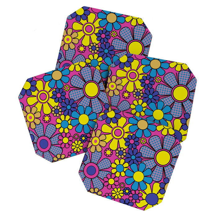 Retro Garden Gingham Flowers Bold 60s 70s Floral Pattern in Blue, Yellow, and Magenta Coaster Gallery Image 1
