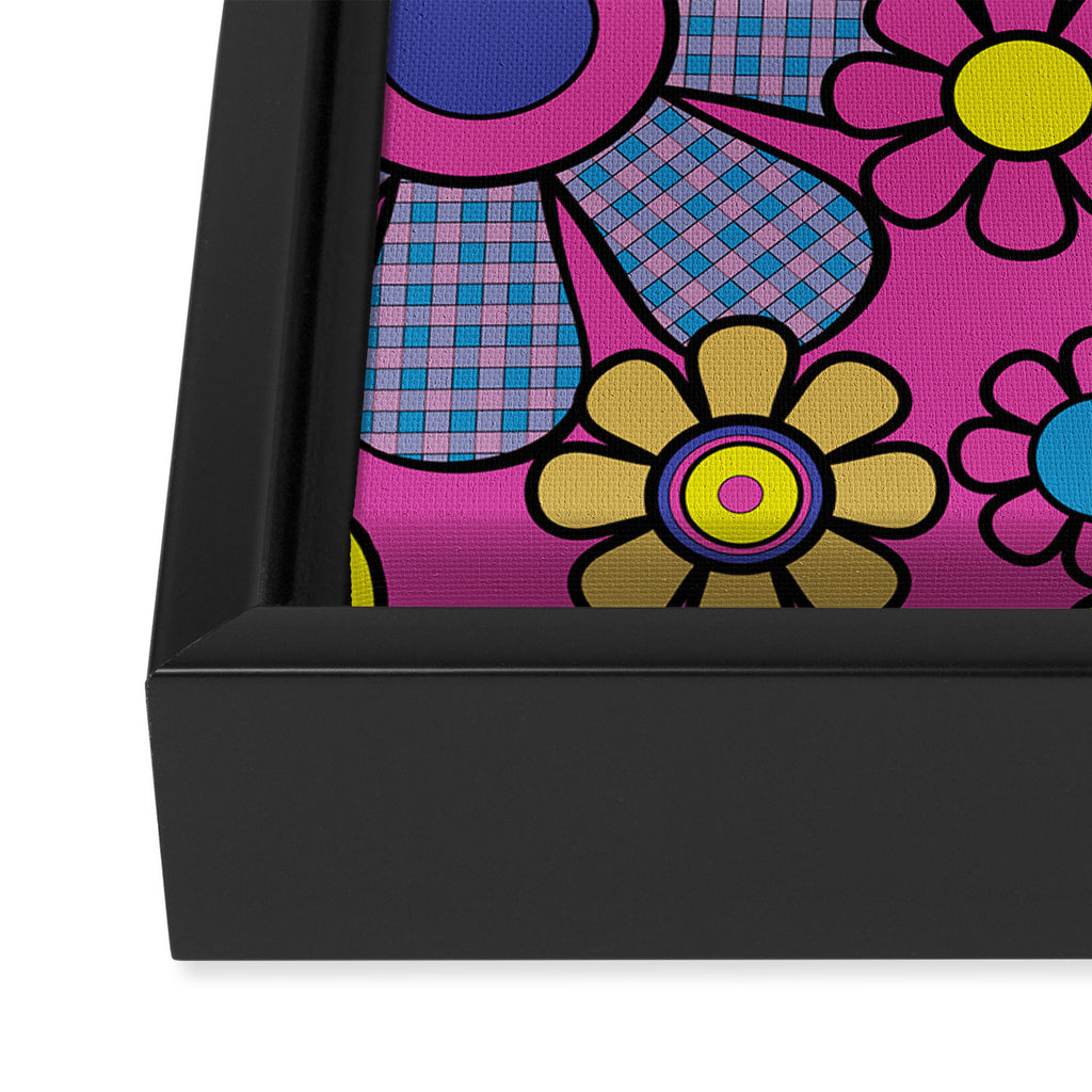 Retro Garden Gingham Flowers Bold 60s 70s Floral Pattern in Blue, Yellow, and Magenta Framed Canvas Print Gallery Image 3
