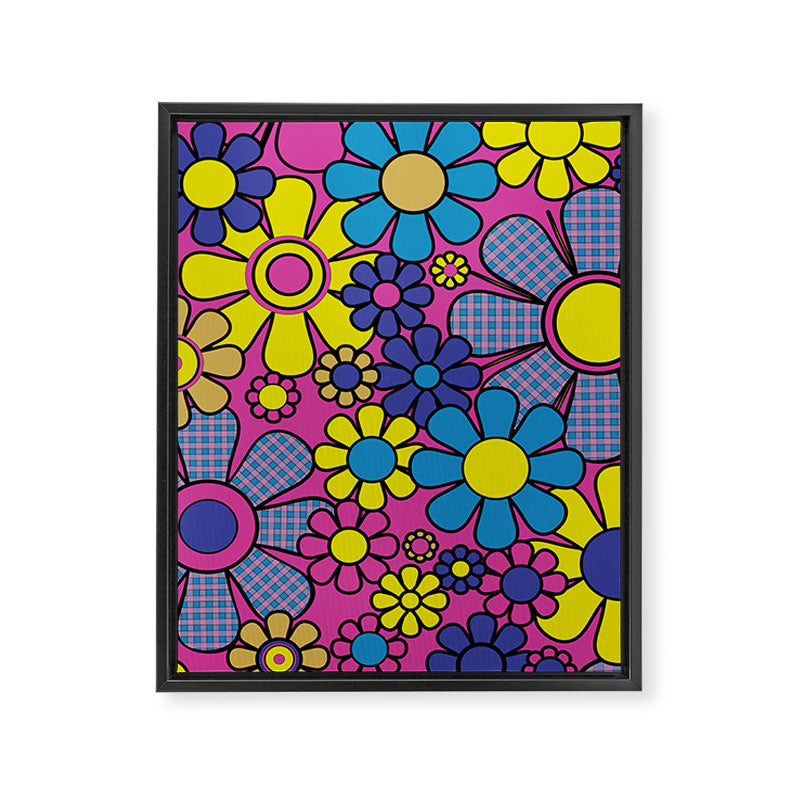 Retro Garden Gingham Flowers Bold 60s 70s Floral Pattern in Blue, Yellow, and Magenta Framed Canvas Print Gallery Image 8