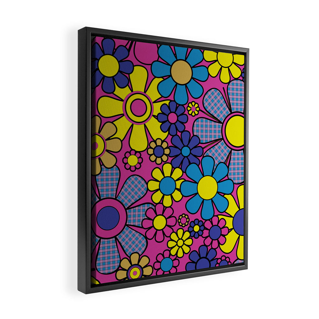 Retro Garden Gingham Flowers Bold 60s 70s Floral Pattern in Blue, Yellow, and Magenta Framed Canvas Print Gallery Image 2
