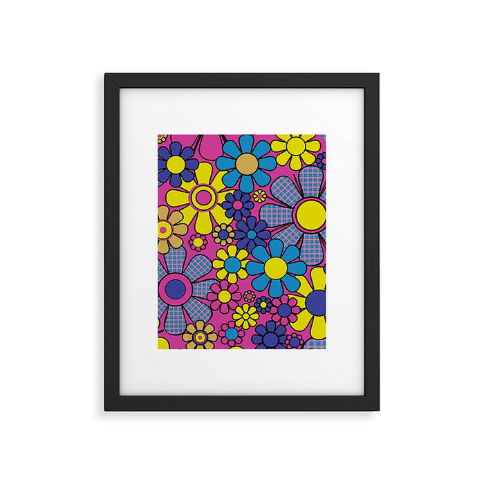 Retro Garden Gingham Flowers Bold 60s 70s Floral Pattern in Blue, Yellow, and Magenta Framed Art Print Gallery Image 1