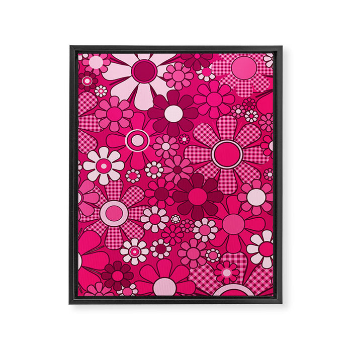 Retro Garden Gingham Flowers Hot Pink Magenta Abstract Floral Pattern Framed Canvas Print Gallery Image 1