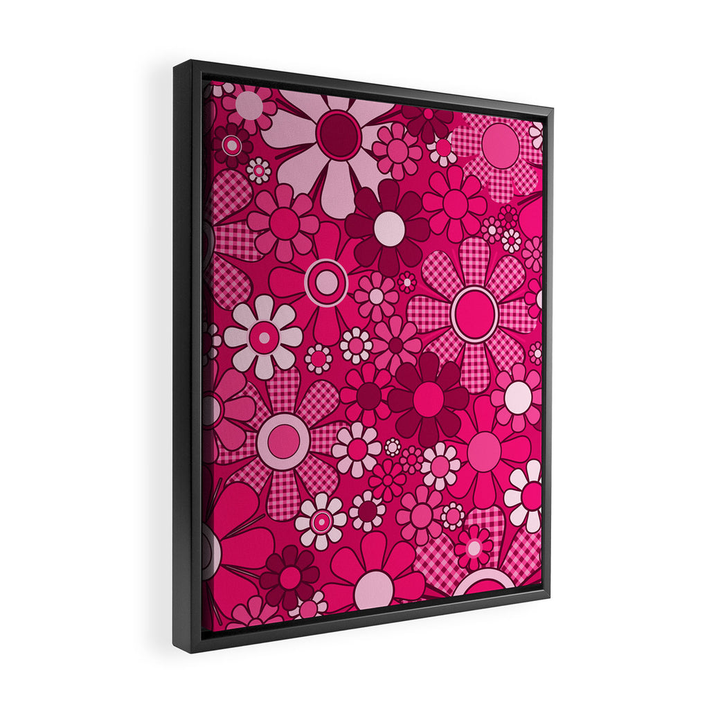 Retro Garden Gingham Flowers Hot Pink Magenta Abstract Floral Pattern Framed Canvas Print Gallery Image 2