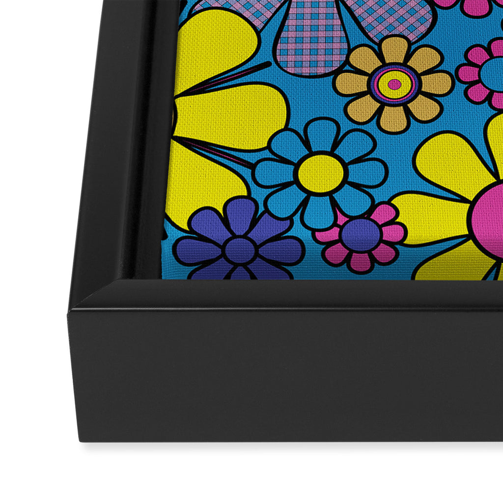 Retro Garden Gingham Flowers Maximalist Blue 60s 70s Floral Pattern Framed Canvas Print Gallery Image 3