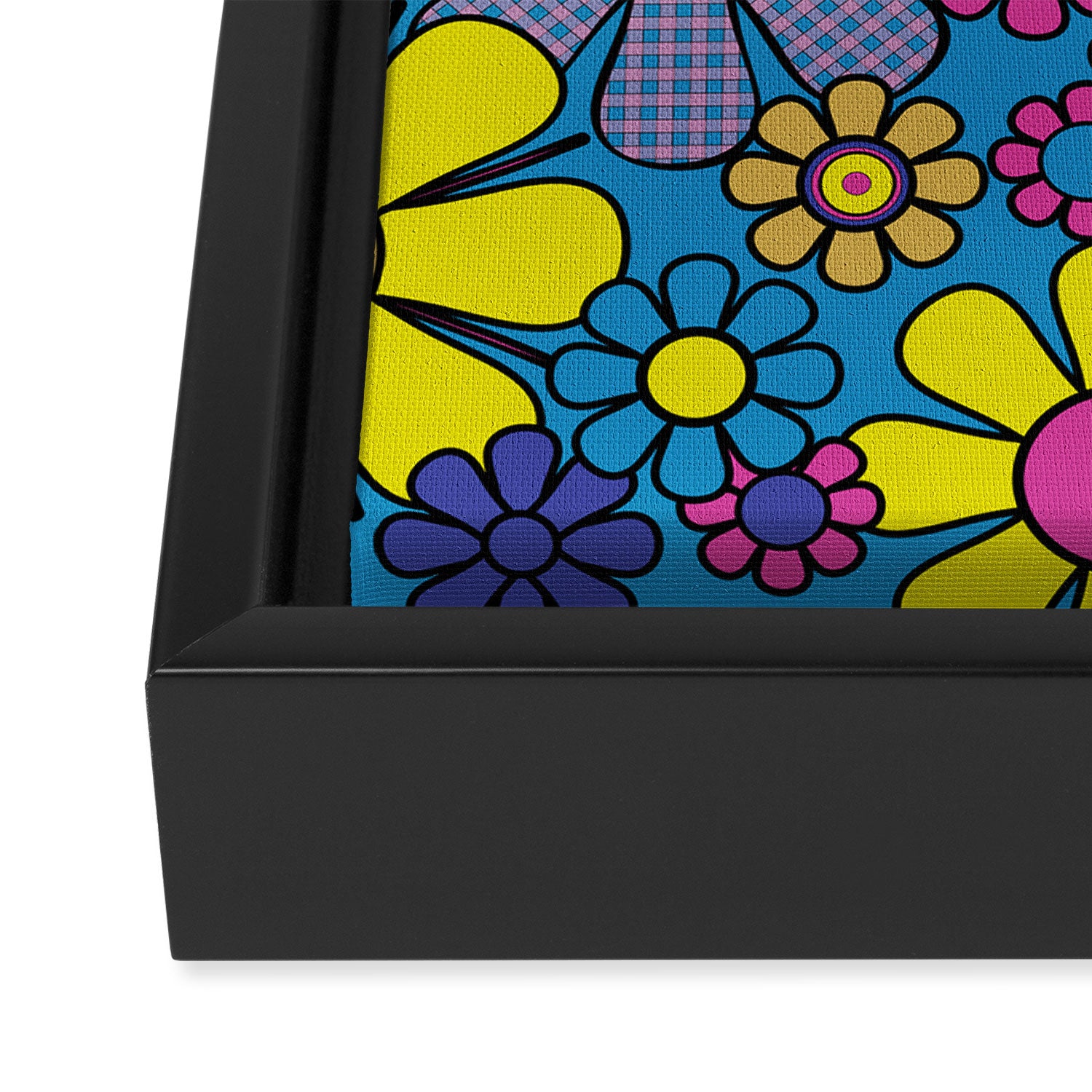 Retro Garden Gingham Flowers Maximalist Blue 60s 70s Floral Pattern Framed Canvas Print Gallery Image 3