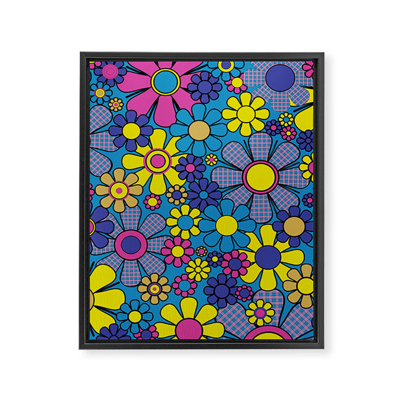 Retro Garden Gingham Flowers Maximalist Blue 60s 70s Floral Pattern Framed Canvas Print Gallery Image 8