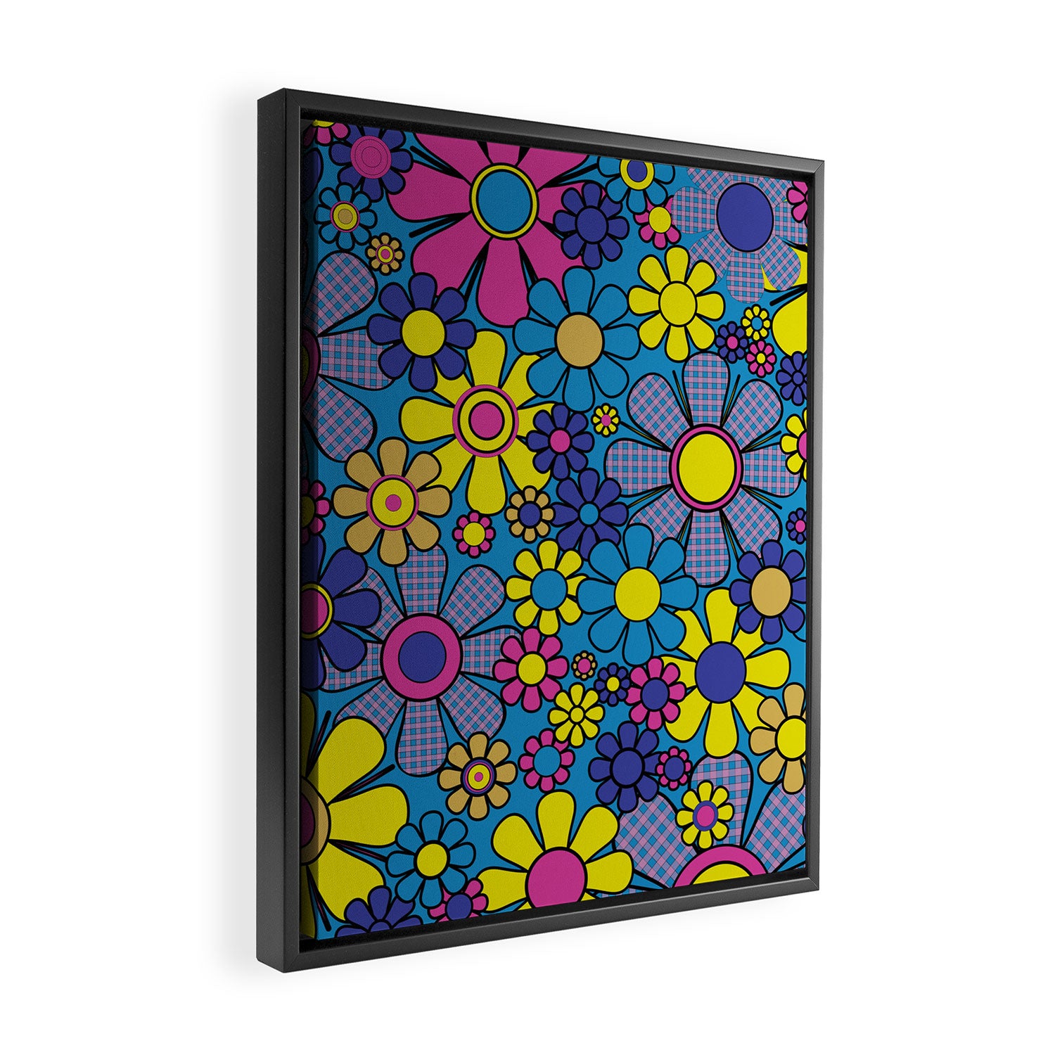 Retro Garden Gingham Flowers Maximalist Blue 60s 70s Floral Pattern Framed Canvas Print Gallery Image 2
