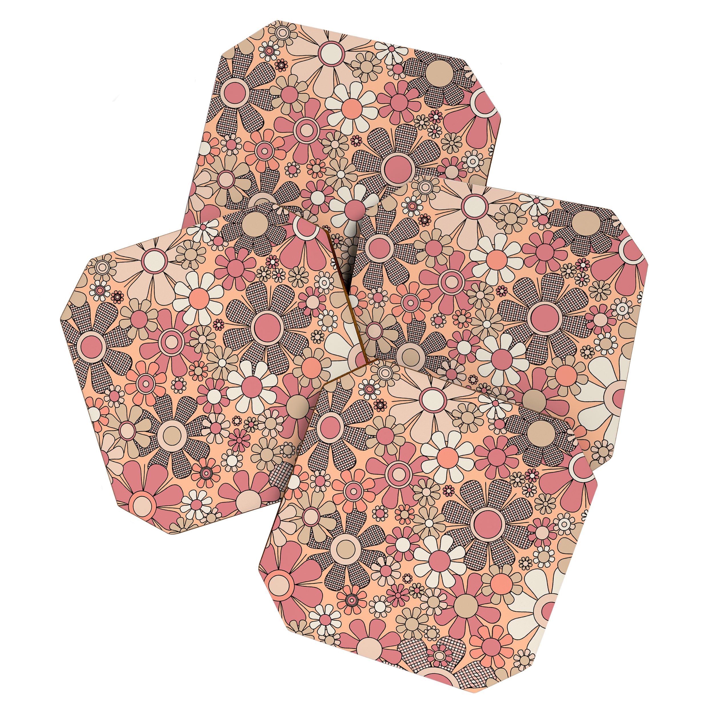 Retro Garden Gingham Flowers Vintage Pattern Peach Mauve Coaster Gallery Image 1