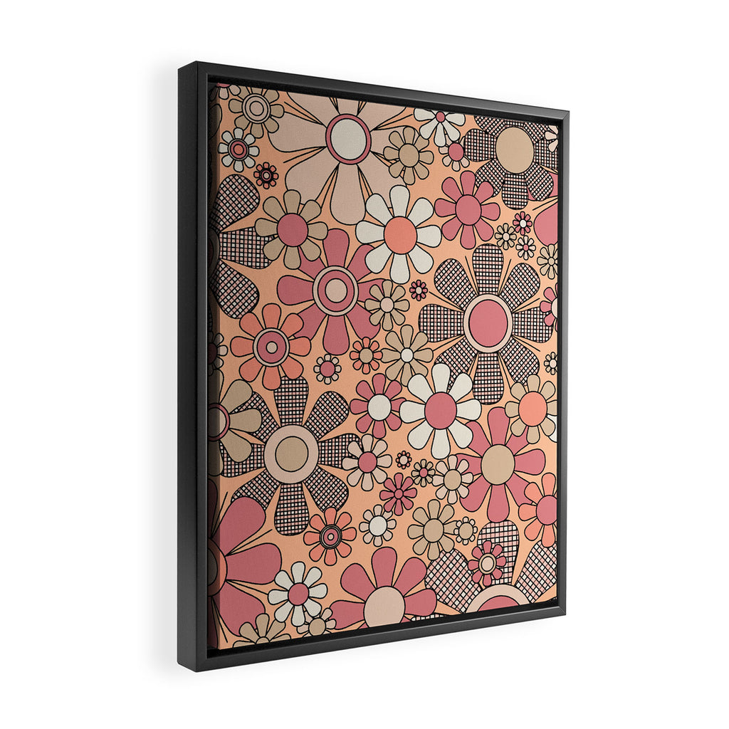 Retro Garden Gingham Flowers Vintage Pattern Peach Mauve Framed Canvas Print Gallery Image 2