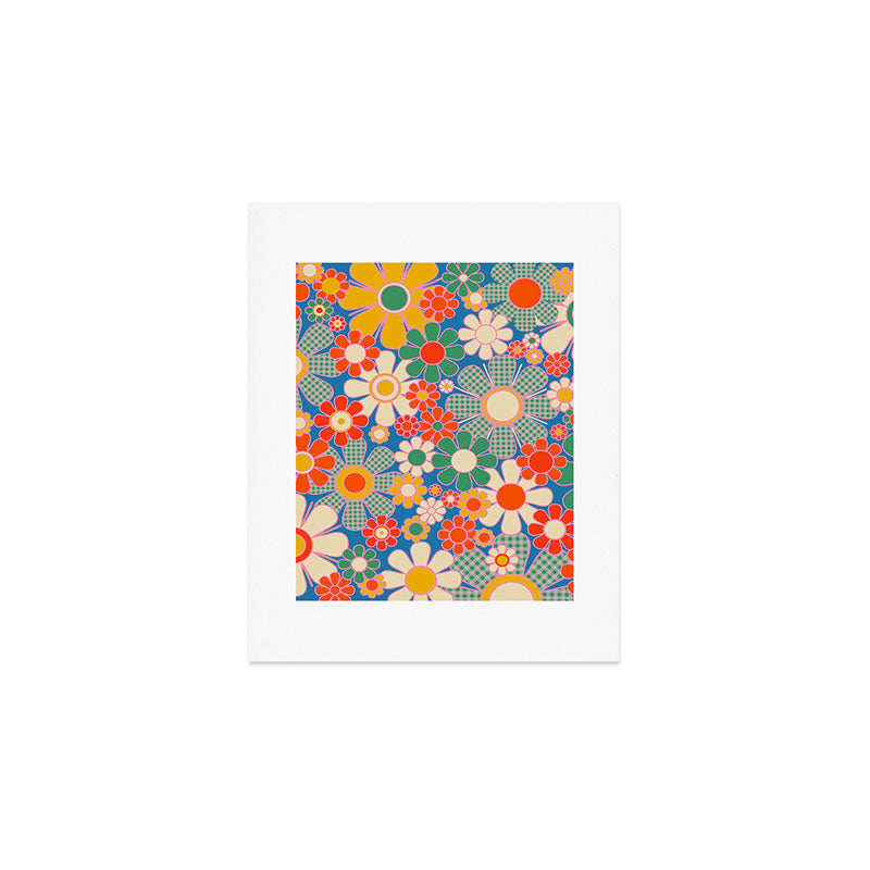 Retro Garden Gingham Flowers Vivid 60s 70s Floral Pattern Art Print Gallery Image 1