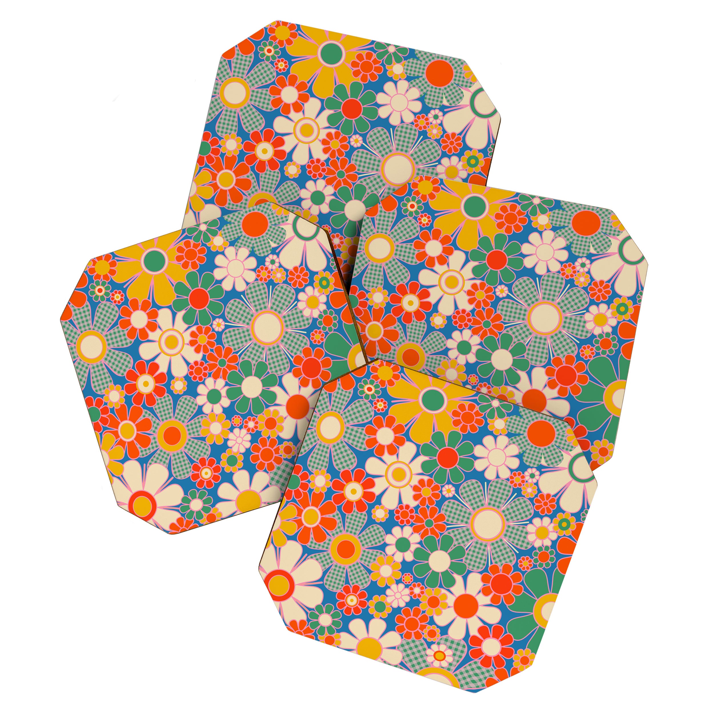 Retro Garden Gingham Flowers Vivid 60s 70s Floral Pattern Coaster Gallery Image 1
