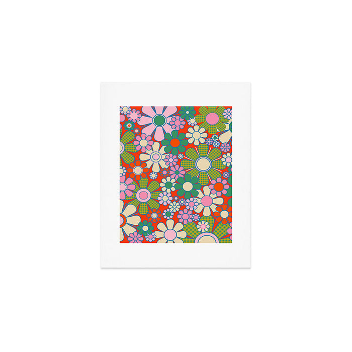 Retro Garden Gingham Flowers Vivid 60s 70s Floral Pattern Red Green Pink Art Print Gallery Image 1