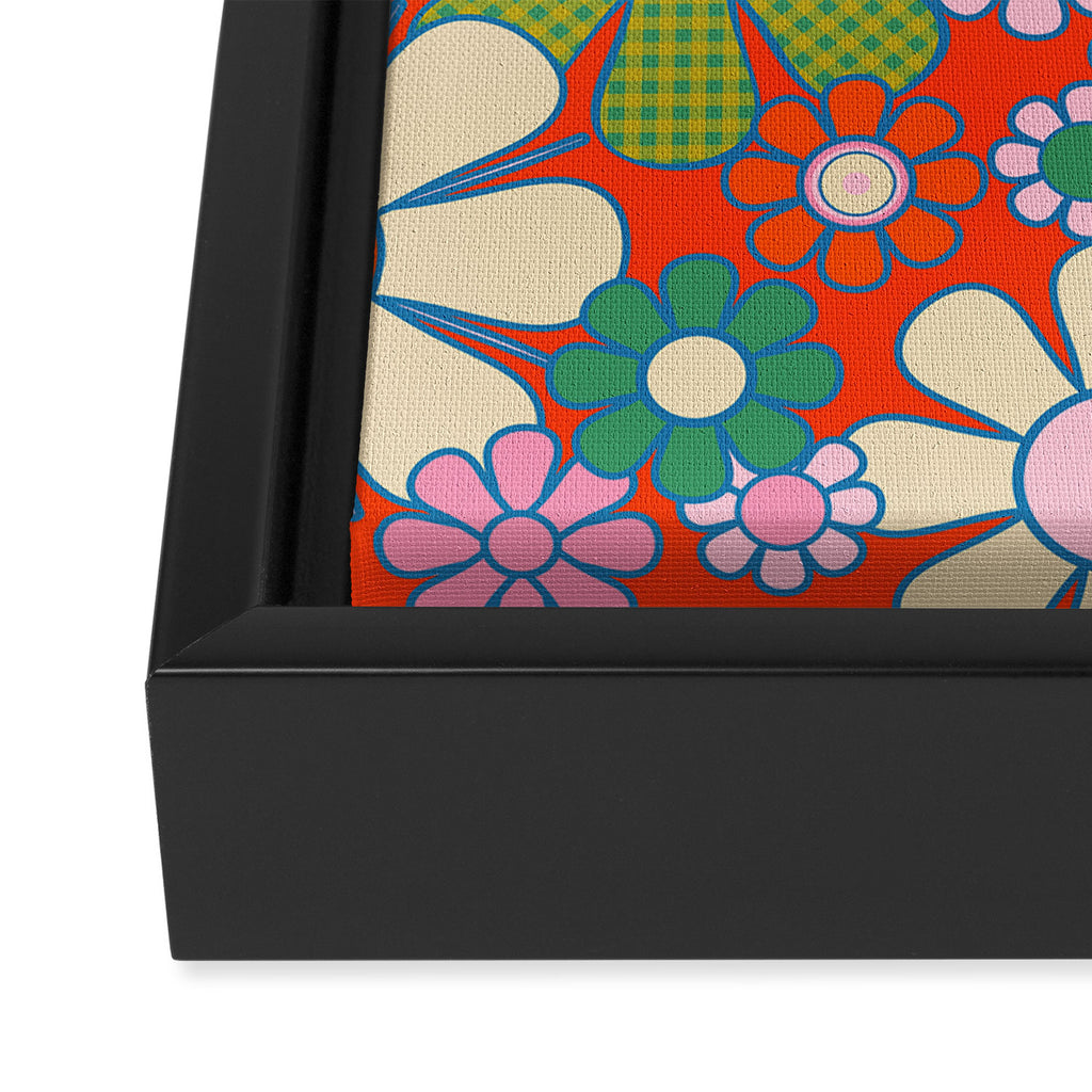 Retro Garden Gingham Flowers Vivid 60s 70s Floral Pattern Red Green Pink Framed Canvas Print Gallery Image 3