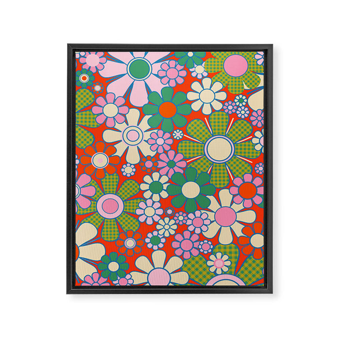 Retro Garden Gingham Flowers Vivid 60s 70s Floral Pattern Red Green Pink Framed Canvas Print Gallery Image 1