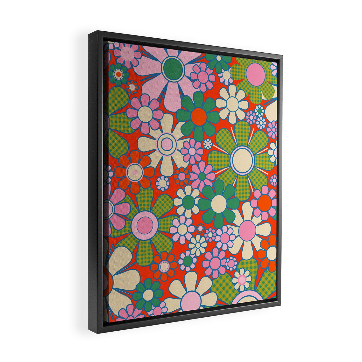 Retro Garden Gingham Flowers Vivid 60s 70s Floral Pattern Red Green Pink Framed Canvas Print Gallery Image 2