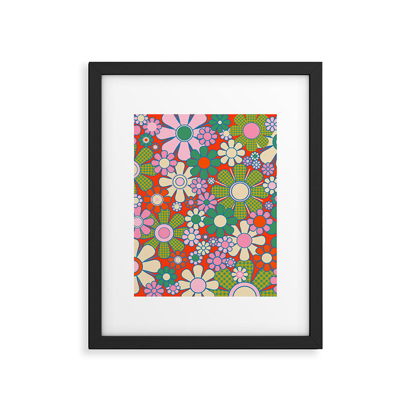 Retro Garden Gingham Flowers Vivid 60s 70s Floral Pattern Red Green Pink Framed Art Print Gallery Image 6