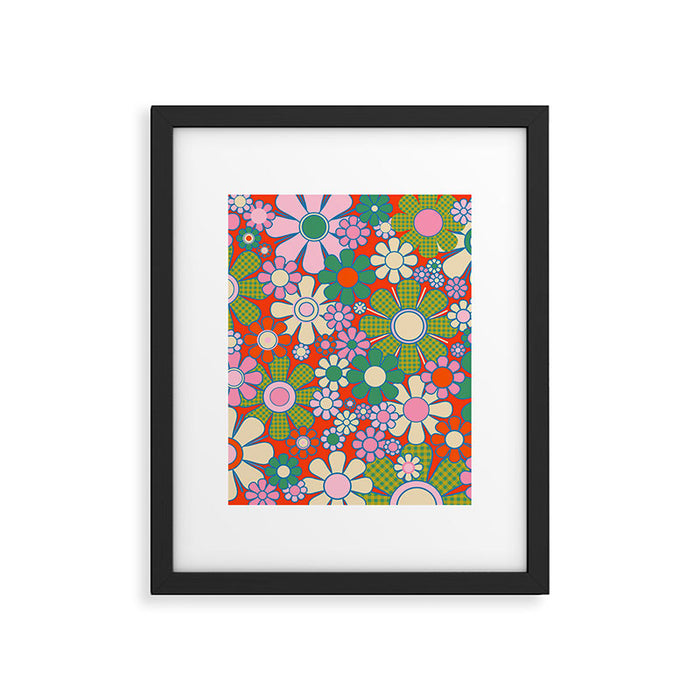 Retro Garden Gingham Flowers Vivid 60s 70s Floral Pattern Red Green Pink Framed Art Print Gallery Image 1
