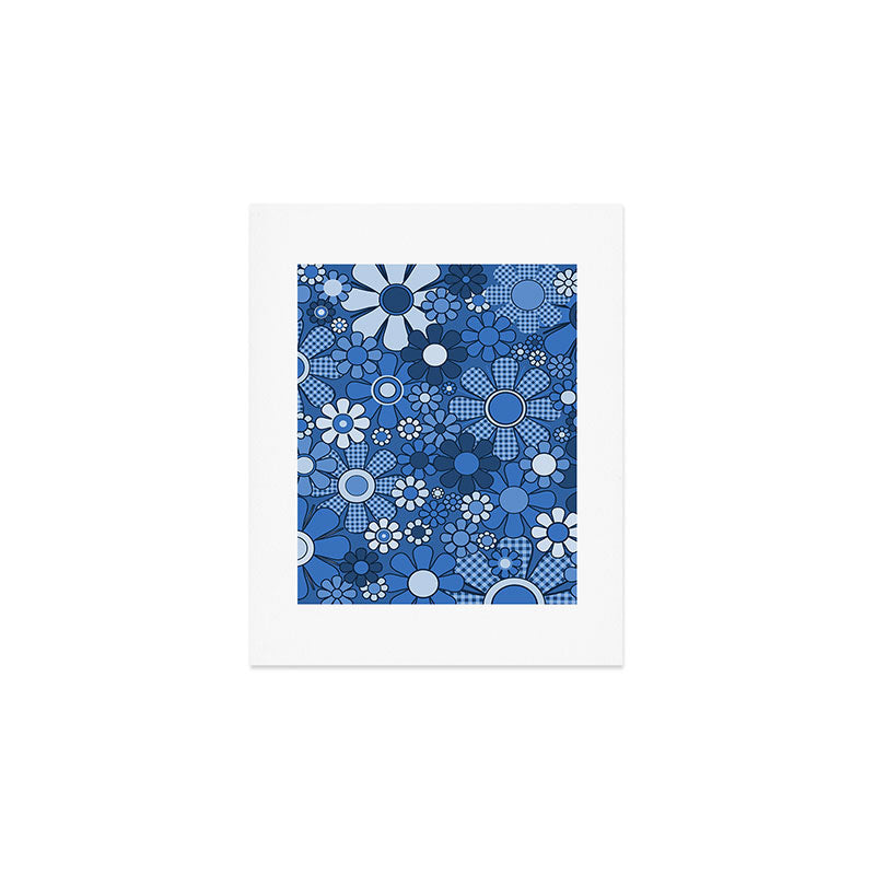 Retro Garden Gingham Flowers Vivid Blue 60s 70s Floral Pattern Art Print Gallery Image 1