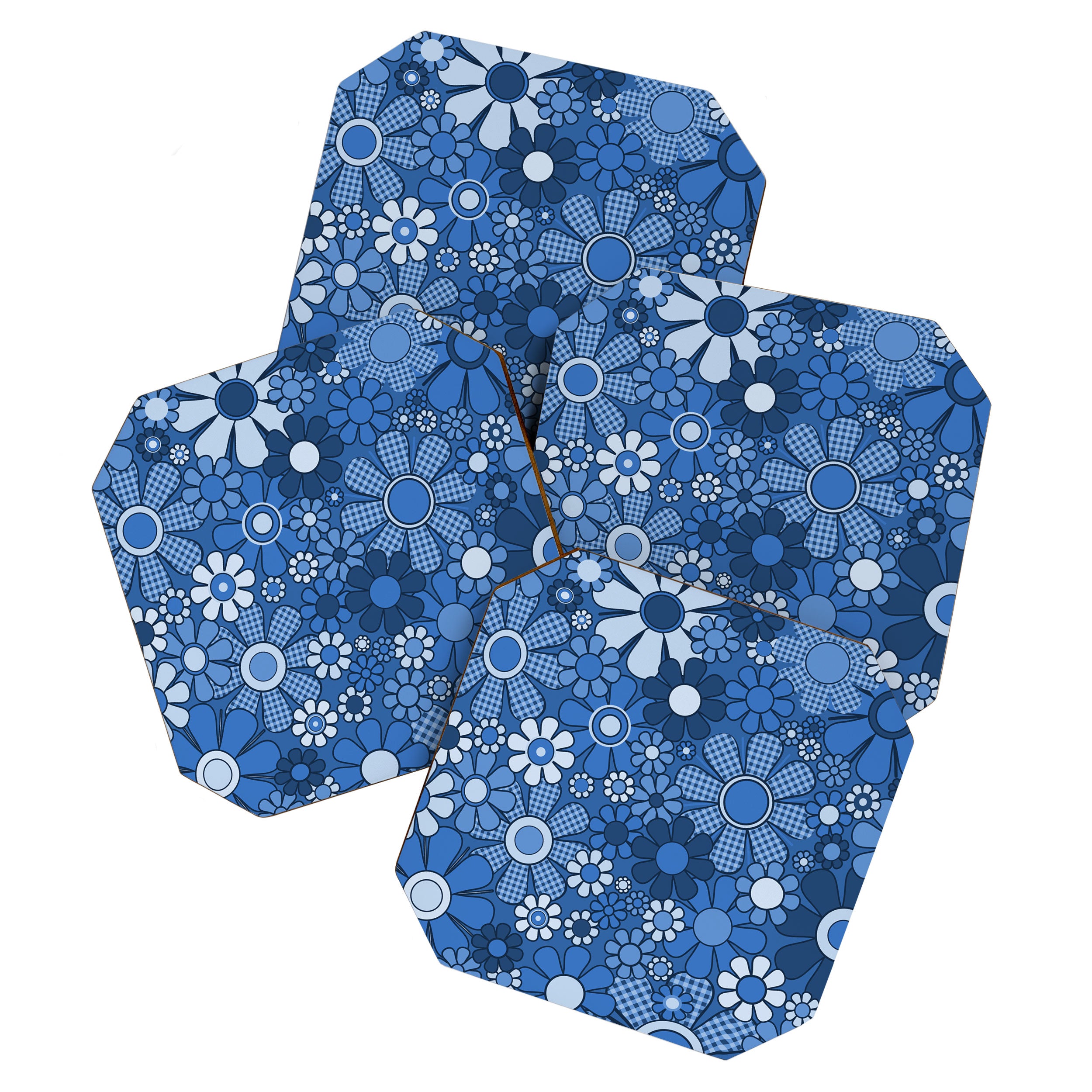 Retro Garden Gingham Flowers Vivid Blue 60s 70s Floral Pattern Coaster Gallery Image 1