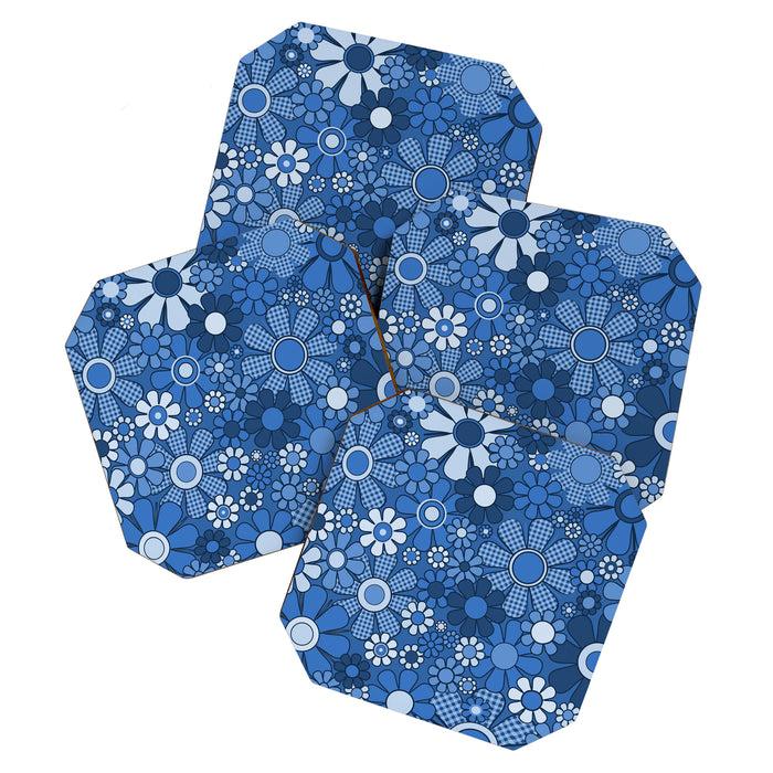 Retro Garden Gingham Flowers Vivid Blue 60s 70s Floral Pattern Coaster Gallery Image 1