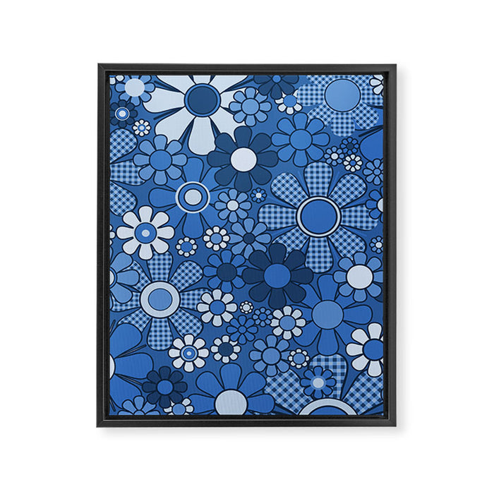 Retro Garden Gingham Flowers Vivid Blue 60s 70s Floral Pattern Framed Canvas Print Gallery Image 1
