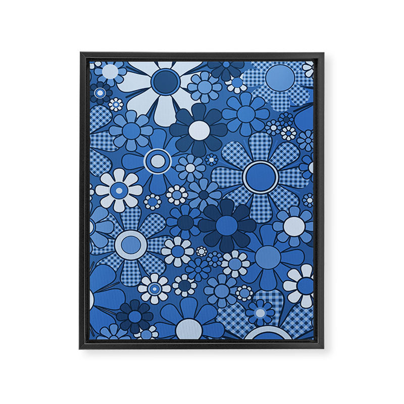 Retro Garden Gingham Flowers Vivid Blue 60s 70s Floral Pattern Framed Canvas Print Gallery Image 8