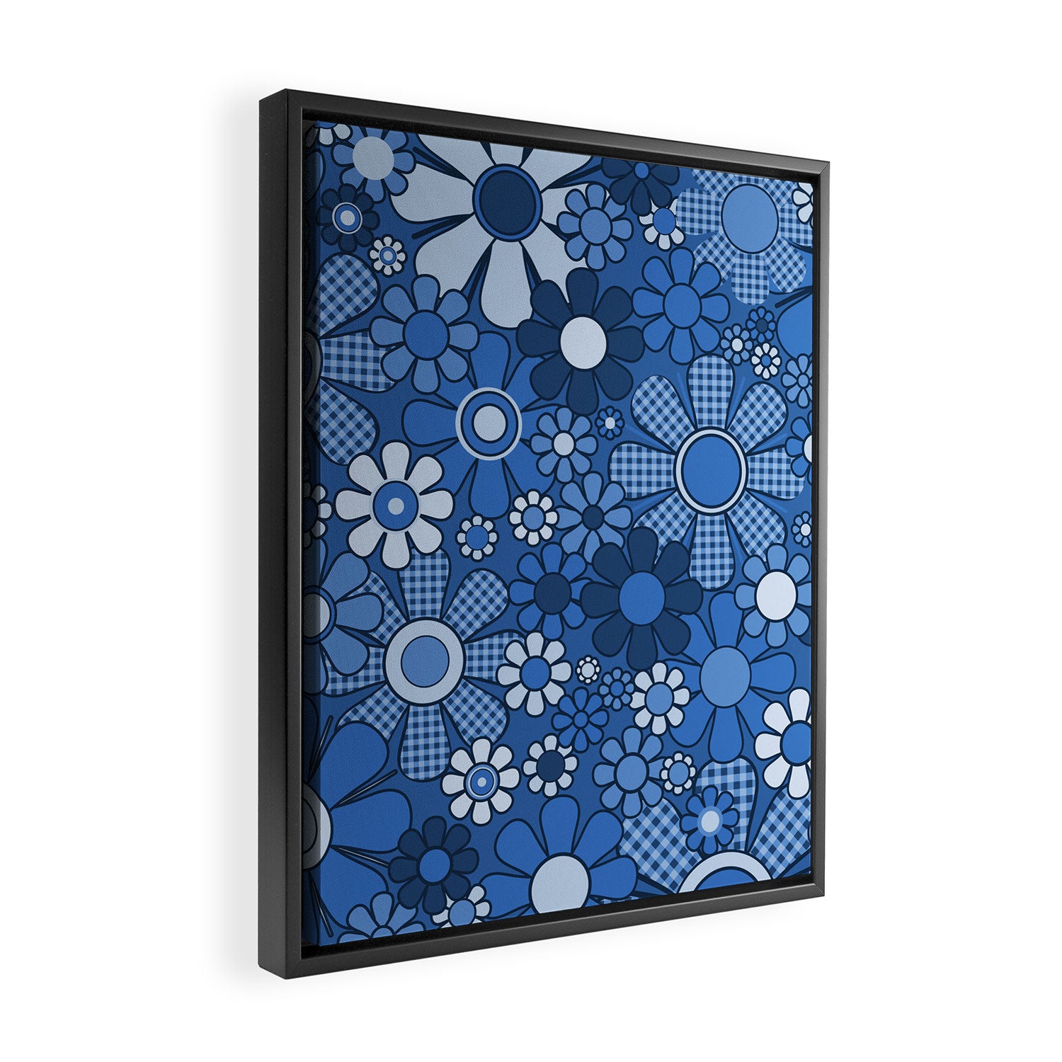 Retro Garden Gingham Flowers Vivid Blue 60s 70s Floral Pattern Framed Canvas Print Gallery Image 2