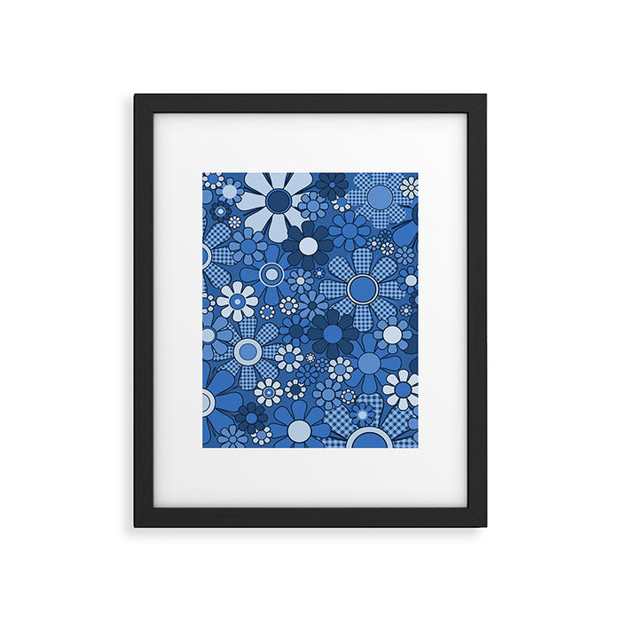 Retro Garden Gingham Flowers Vivid Blue 60s 70s Floral Pattern Framed Art Print Gallery Image 1