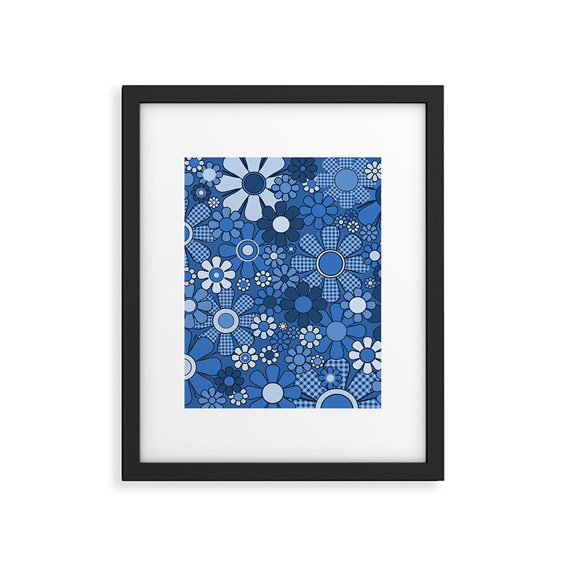 Retro Garden Gingham Flowers Vivid Blue 60s 70s Floral Pattern Framed Art Print Gallery Image 6