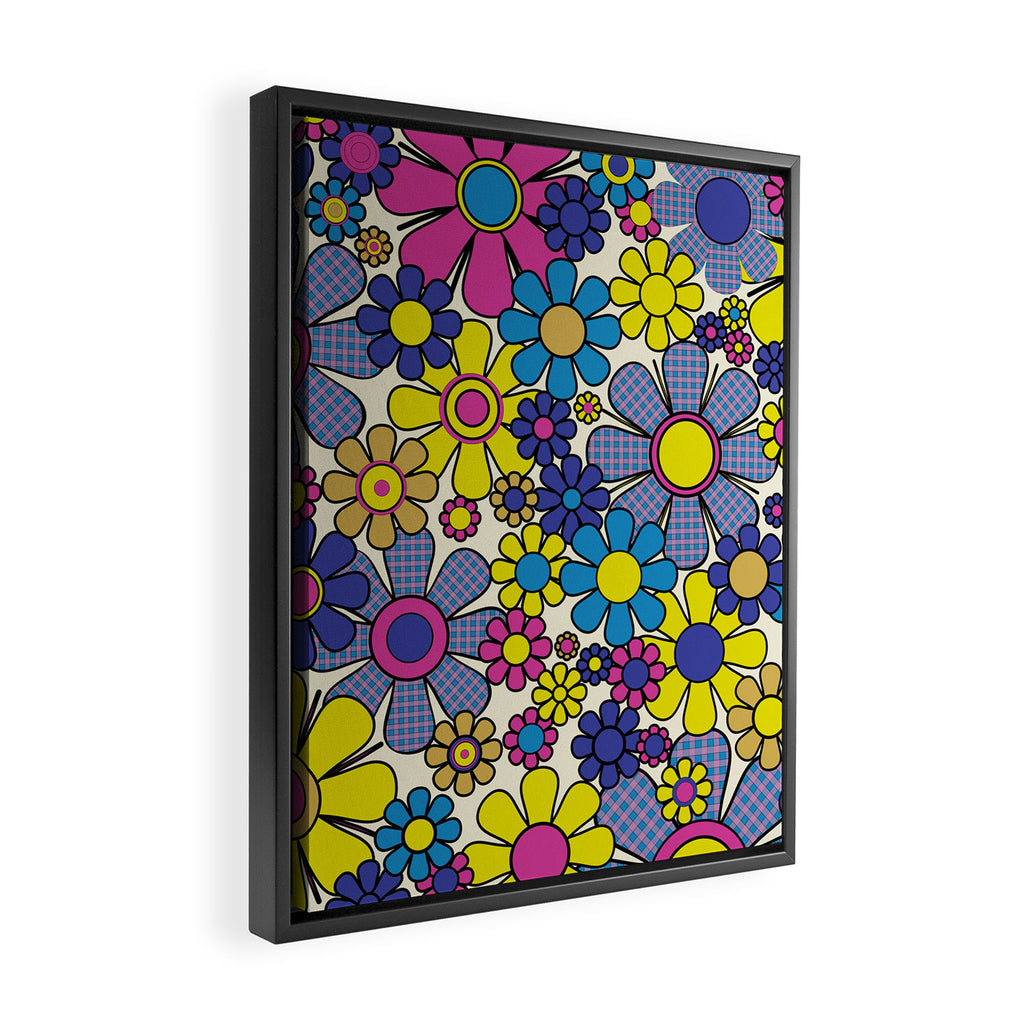 Retro Garden Groovy Maximalist Gingham Flowers 60s 70s Floral Pattern Framed Canvas Print Gallery Image 2