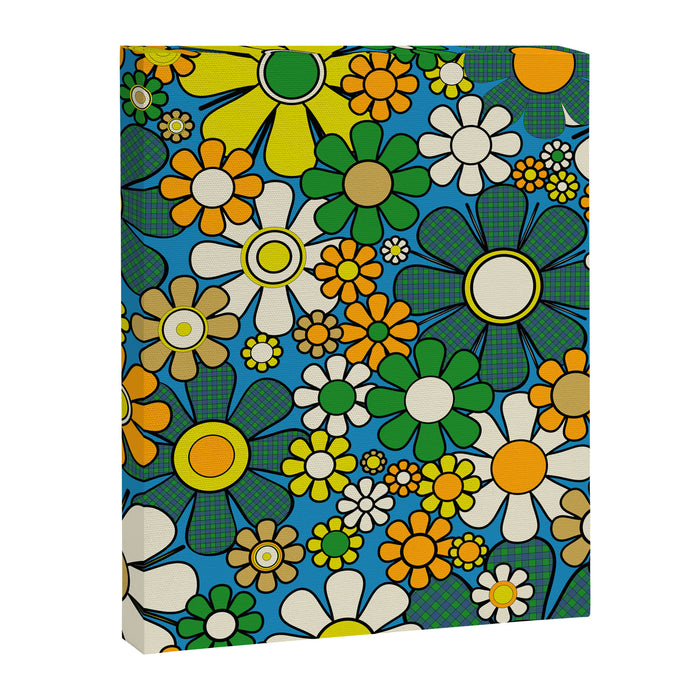 Retro Garden Groovy Maximalist Gingham Flowers 60s 70s Floral Pattern Green Blue Orange Yellow Canvas Print Gallery Image 1