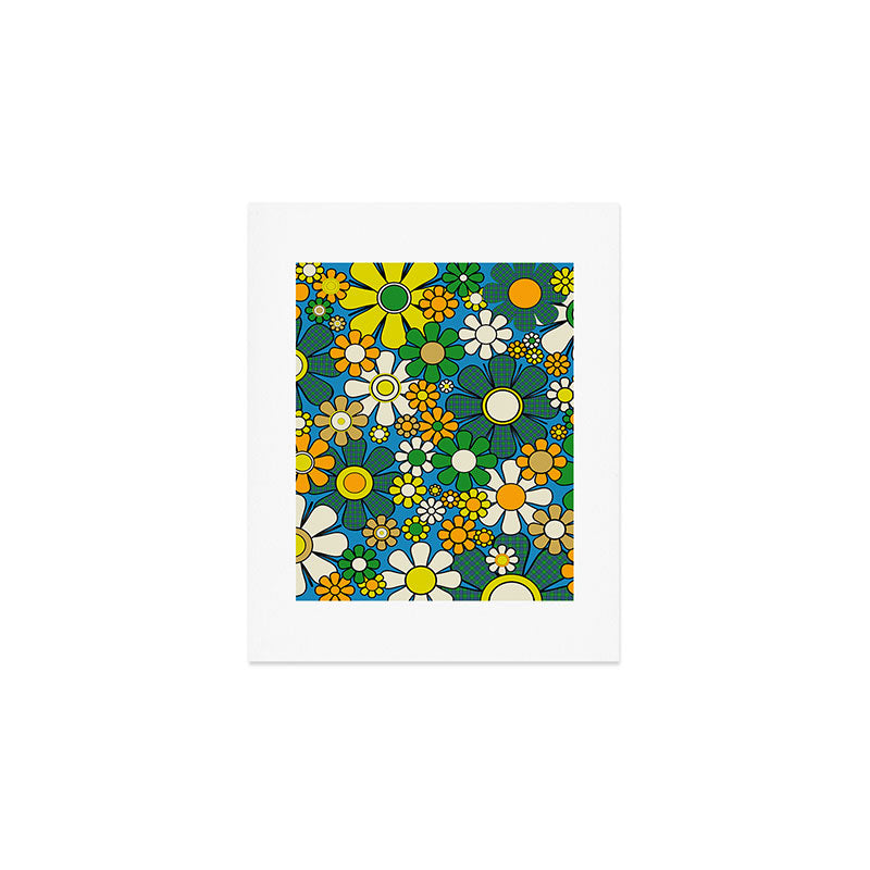 Retro Garden Groovy Maximalist Gingham Flowers 60s 70s Floral Pattern Green Blue Orange Yellow Art Print Gallery Image 1