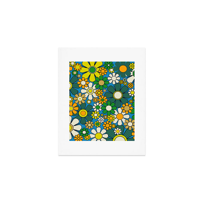 Retro Garden Groovy Maximalist Gingham Flowers 60s 70s Floral Pattern Green Blue Orange Yellow Art Print Gallery Image 1