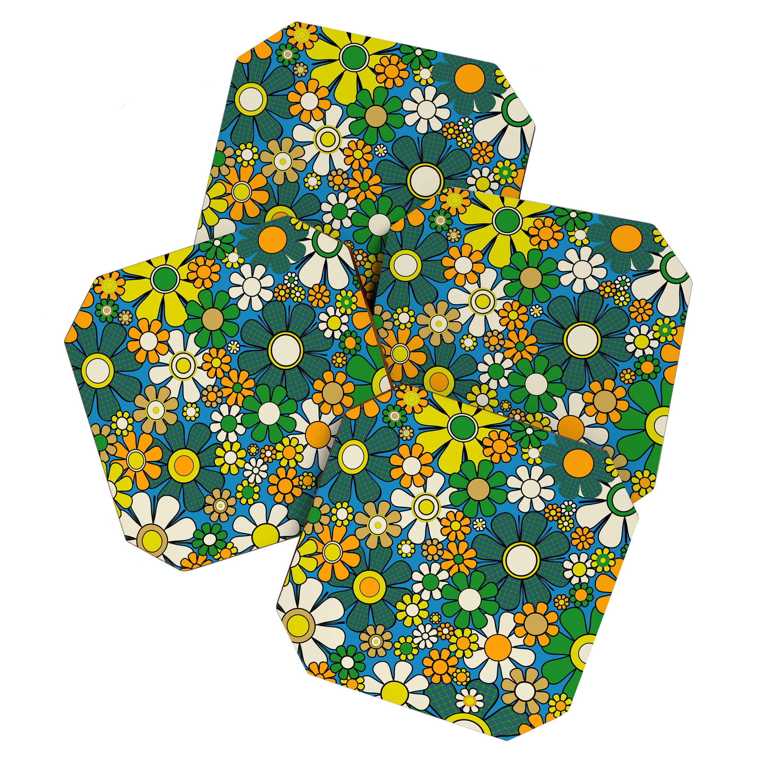 Retro Garden Groovy Maximalist Gingham Flowers 60s 70s Floral Pattern Green Blue Orange Yellow Coaster Gallery Image 1