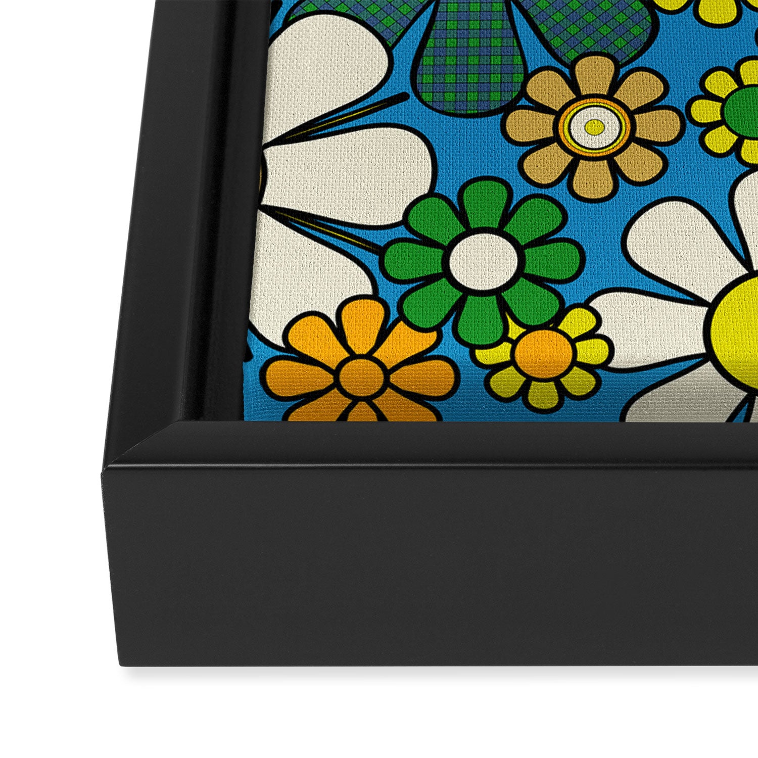Retro Garden Groovy Maximalist Gingham Flowers 60s 70s Floral Pattern Green Blue Orange Yellow Framed Canvas Print Gallery Image 3